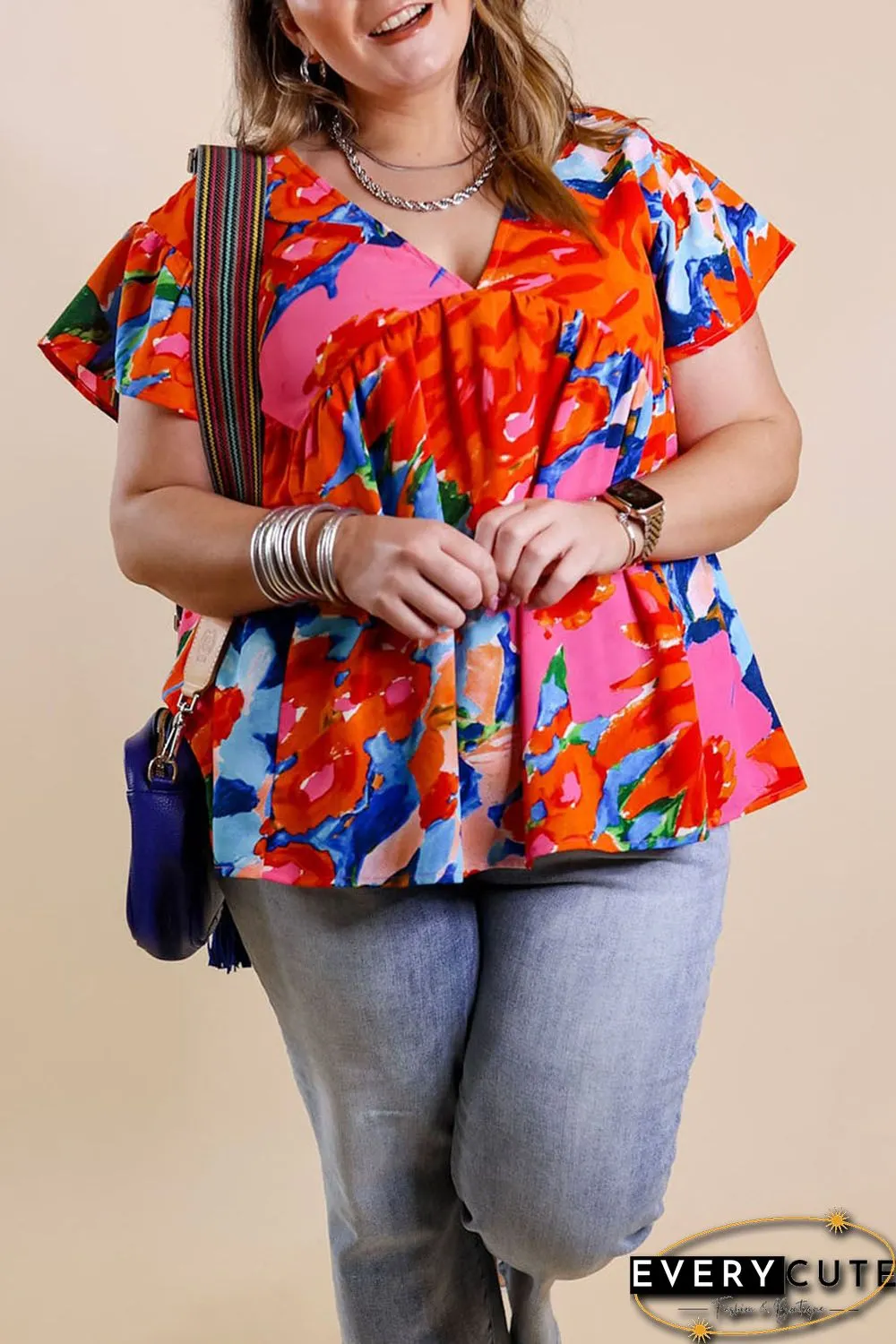 Red Abstract Floral Print V Neck Plus Blouse