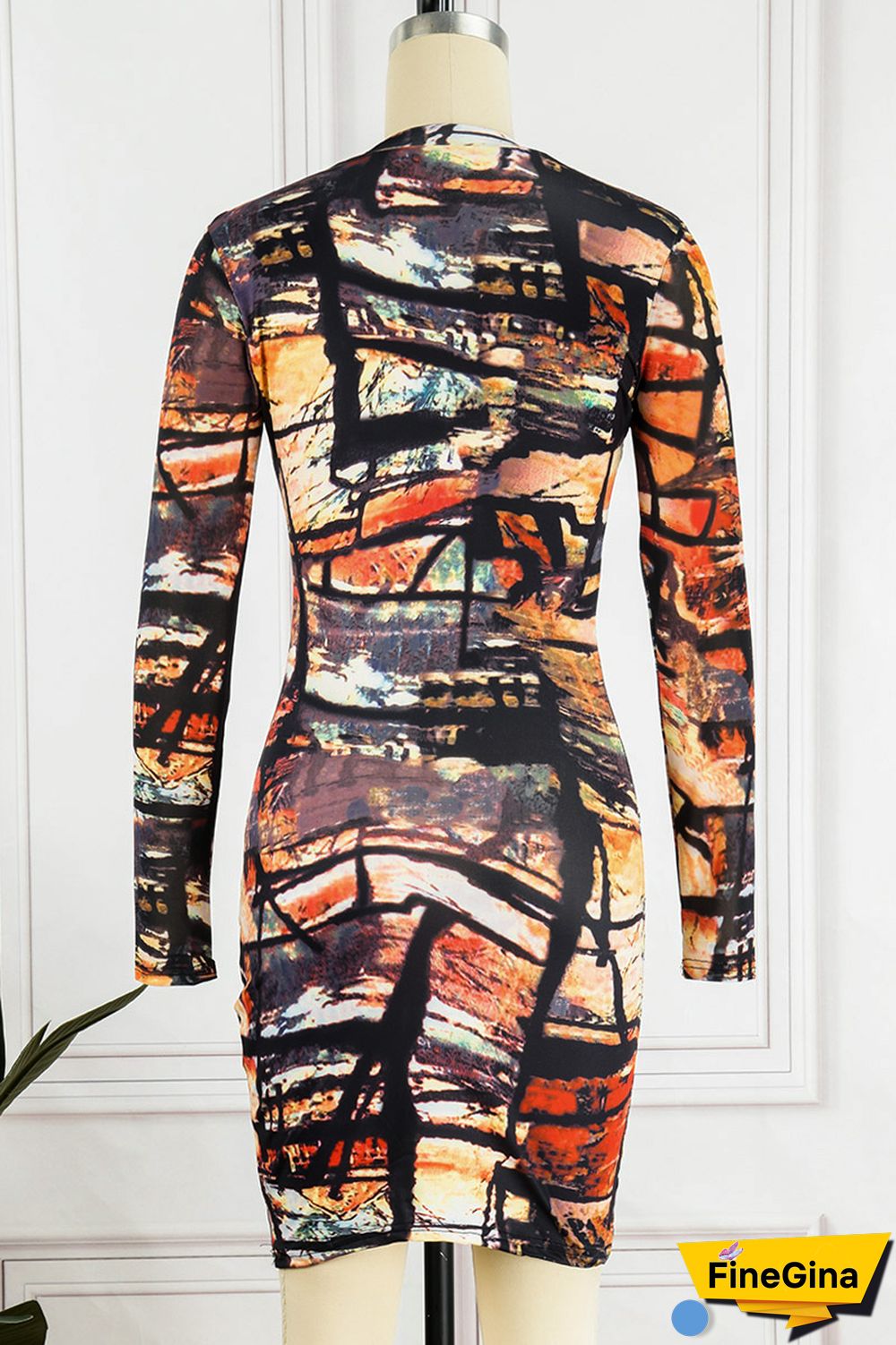 Colour Casual Print Basic O Neck Long Sleeve Dresses