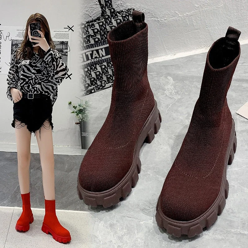 2022 Women Thick Soles Casual Large Red Knitted Ankle Boots Spring New Women's Socks Boots Ladies Botas De Mujer Shoes