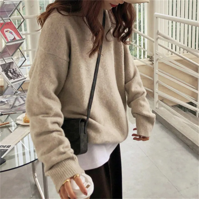 Churchf Churchf Women's Autumn Winter New Style With Lazy Wind Pure Color Sweater Loose Round Collar Thick Mixed Color Top Female