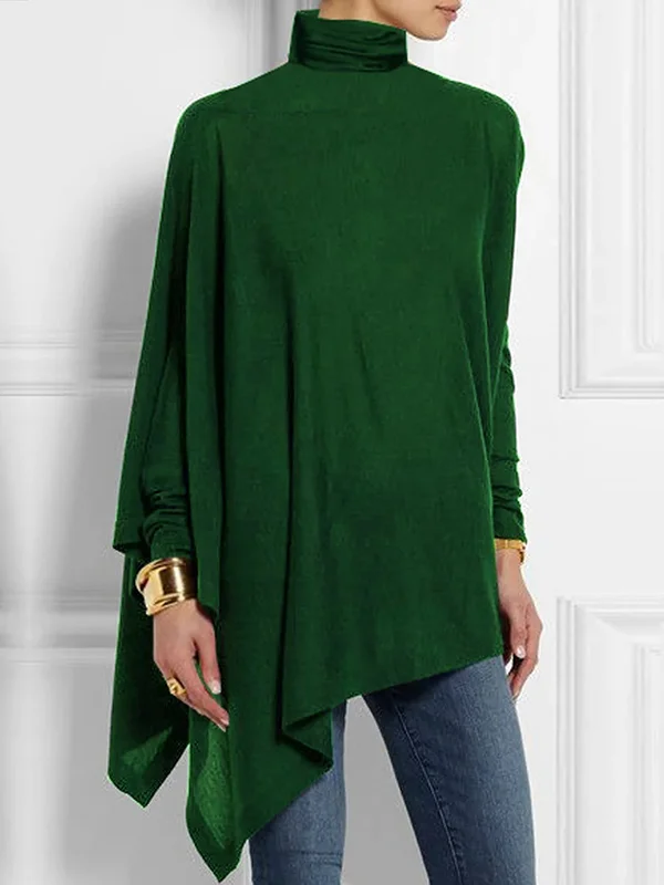Casual Loose Long Sleeves Asymmetric Solid Color High-Neck T-Shirts Tops