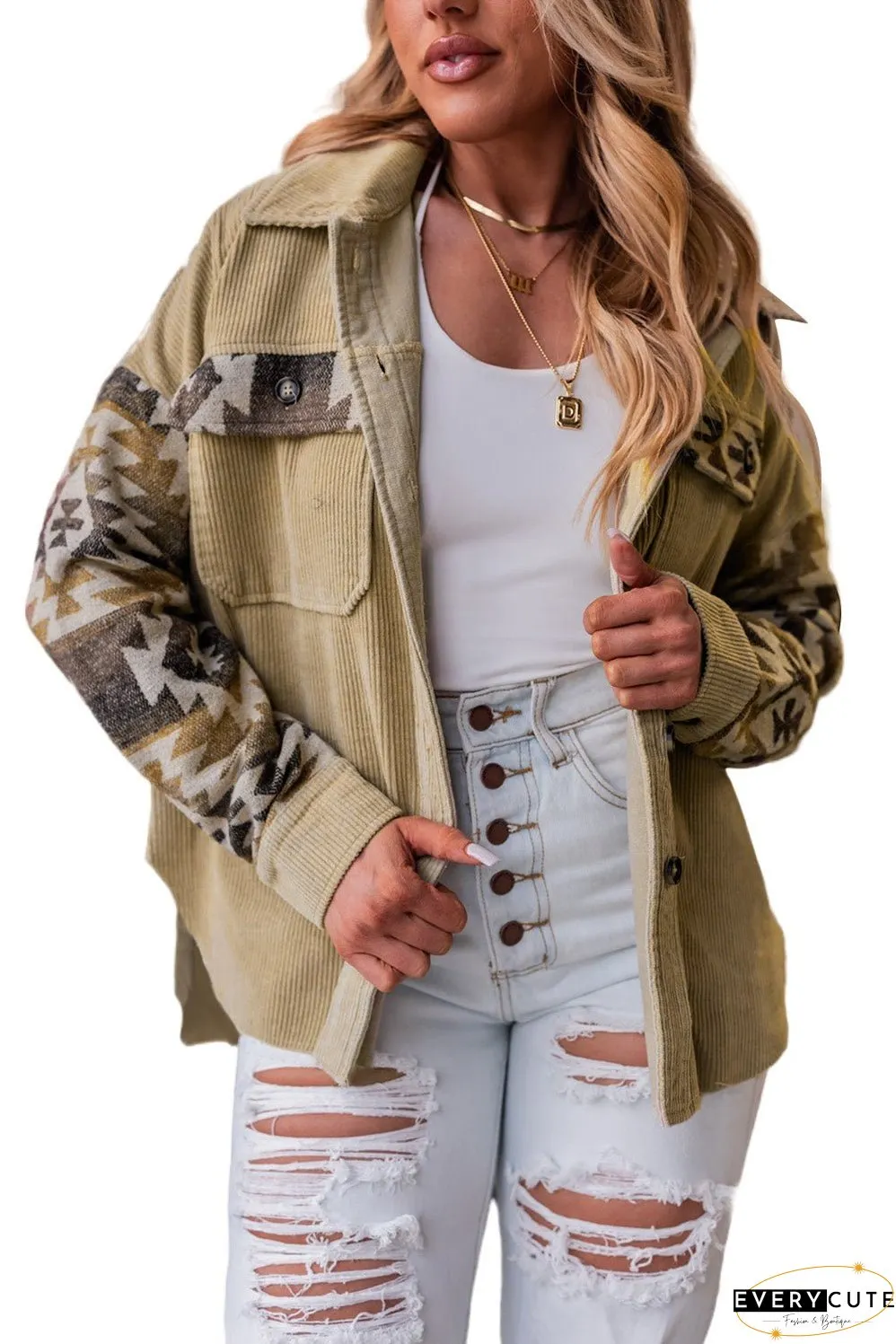 Khaki Aztec Print Patchwork Frayed Edge Corduroy Jacket