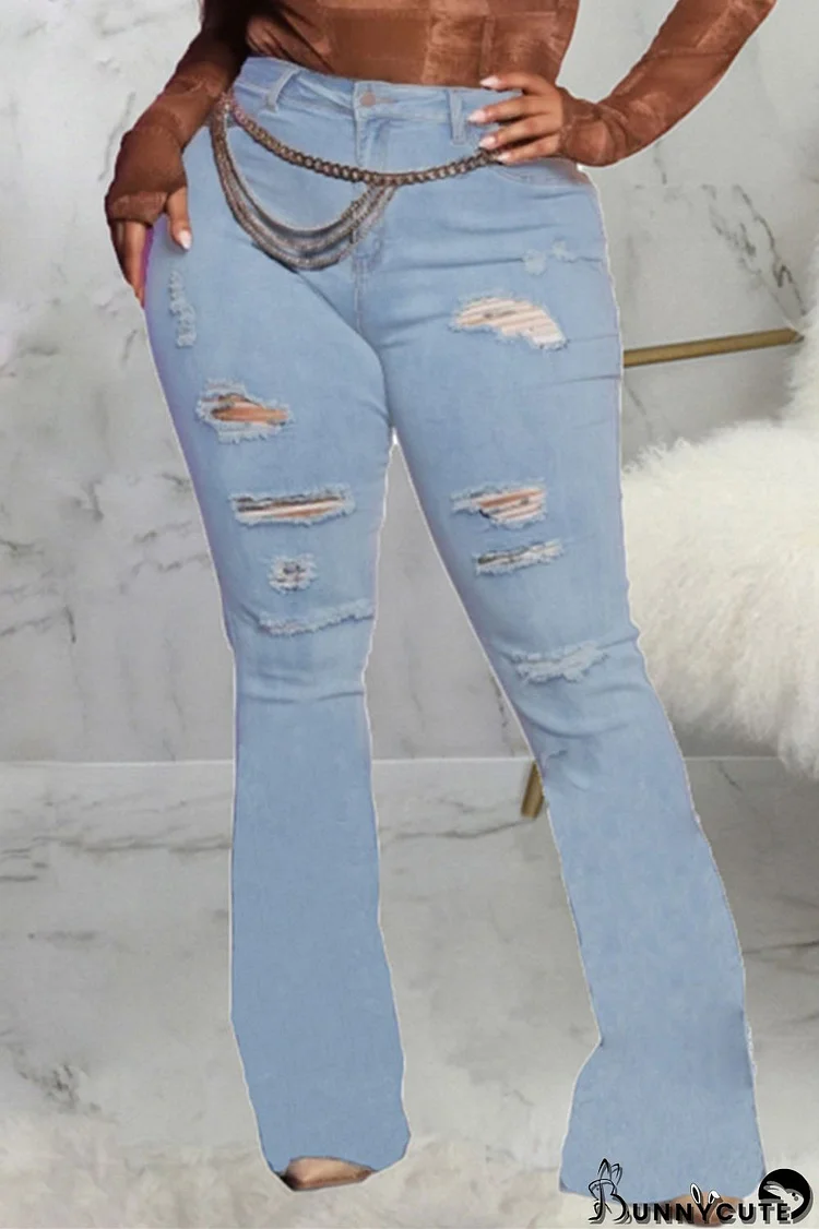 Baby Blue Fashion Casual Solid Ripped High Waist Regular Denim Jeans(Without Waist Chain)