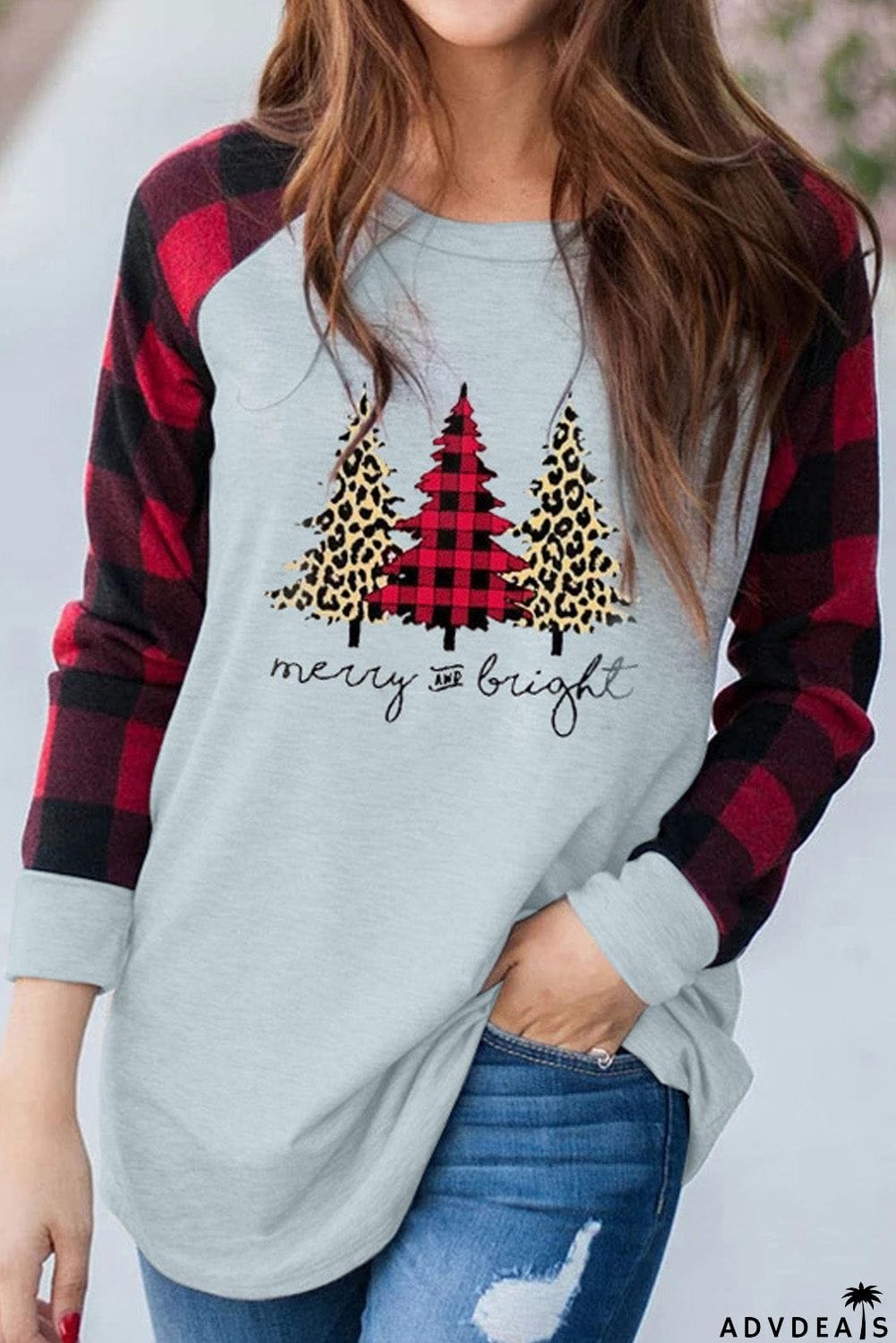 Christmas Pattern Plaid Splice Long Sleeve Top