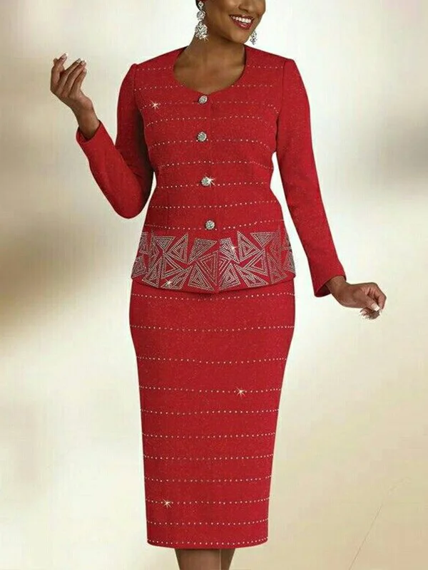 Round Neck Long Sleeve Top And Skirt Suit