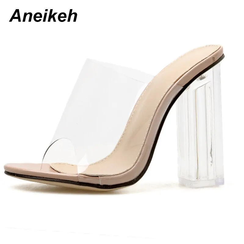 Aneikeh 2021 SummerNew PVC Jelly Sandals Crystal Open Toed Sexy Thin Heels Crystal Women Transparent Heel Sandals Slippers Pumps