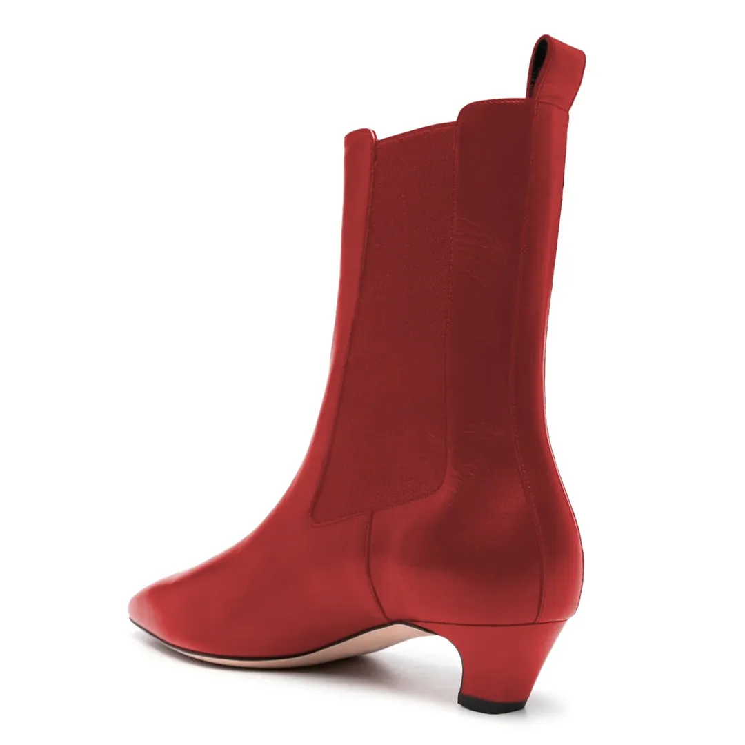 Elegant Red Low Kitten Heel Pointed Toe Chelsea Boots for Women