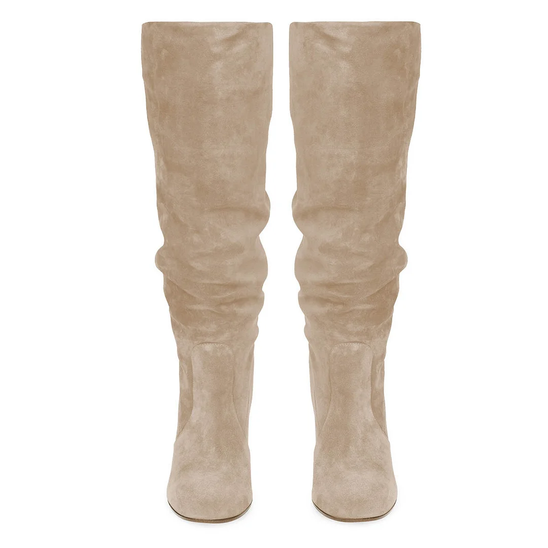 Beige Vegan Suede Chunky Heel Slouch Long Boots with Round Toe