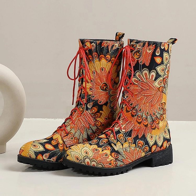 Floral Block Heel Round Toe Lace-up Mid-calf Cowboy Boots -boots