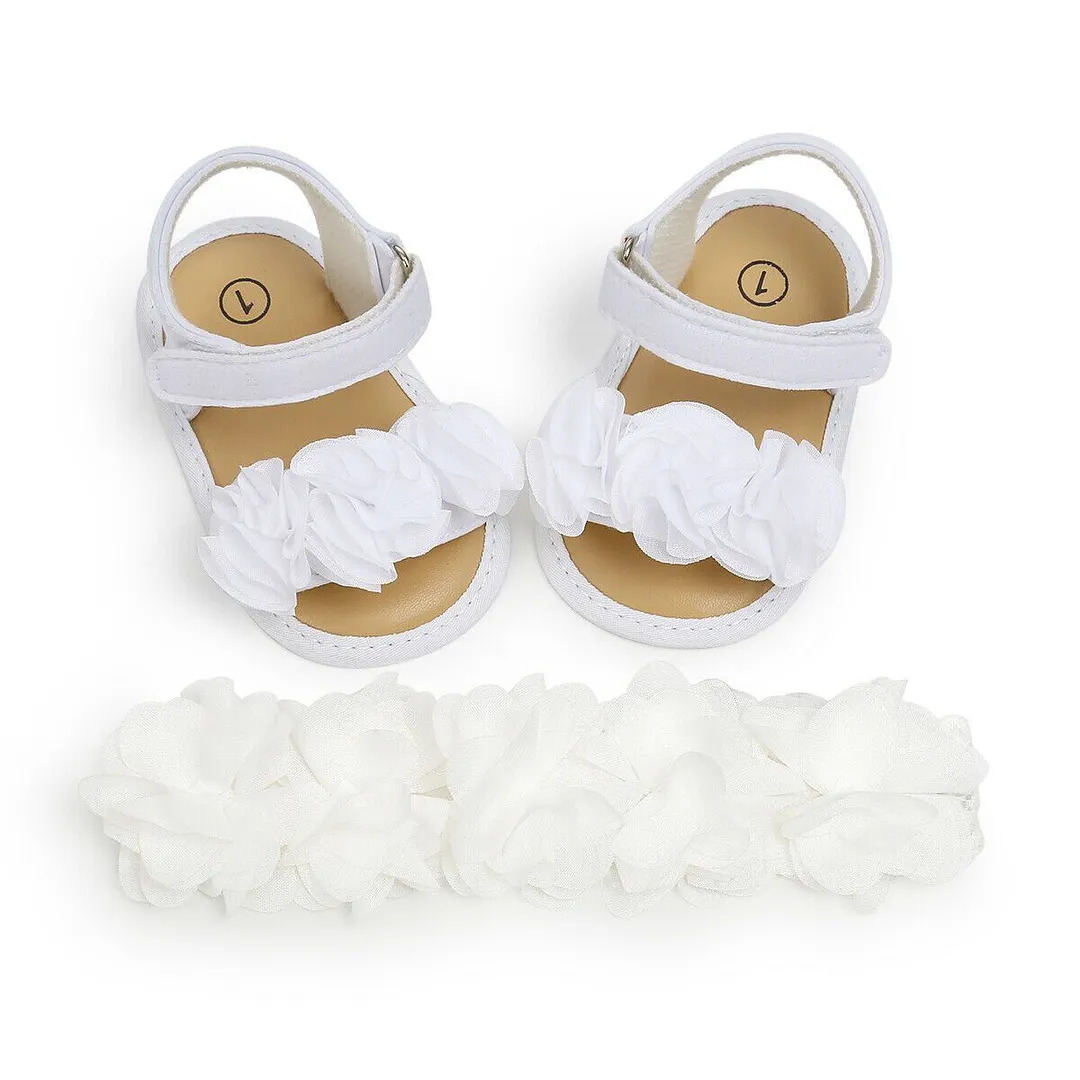 2019 Baby Summer Clothing Newborn Kid Baby Girl Flower Sandals Shoes Soft Sole Hook Casual Summer Shoes +Headband 2Pcs Solid Set