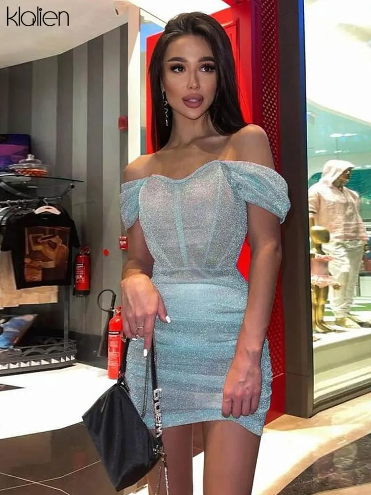 KLALIEN Fashion Sexy See Through Invisible Strap Mini Bodycon Dresses Women Office Lady Streetwear Y2K Nightclub Party Dress