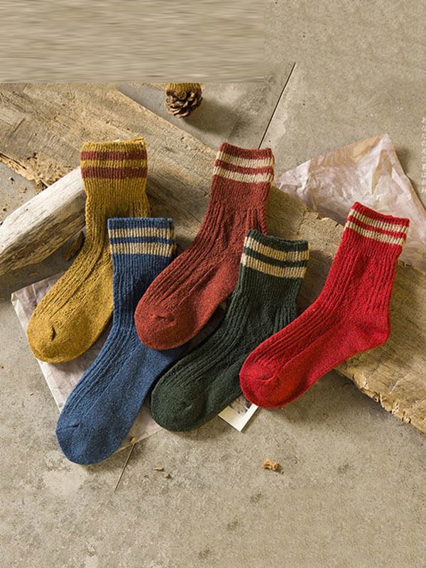 Vintage Solid Color Jacquard Warm Knitted Thick Wool Socks