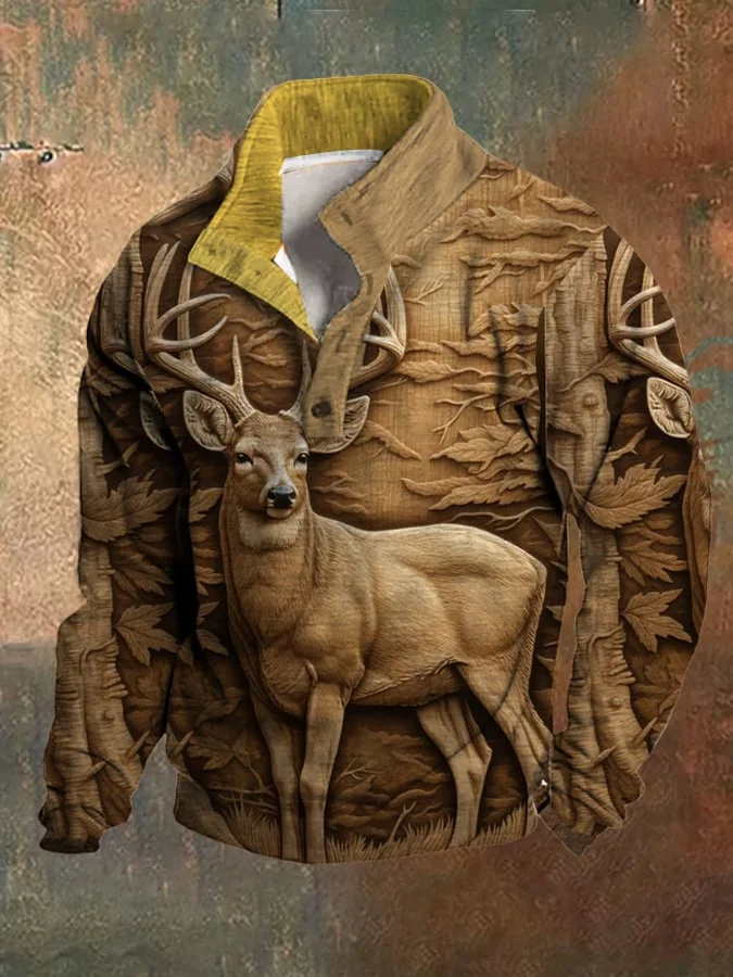 Men's Fleece Western 3D Forest Deer Hunting Stand Collar Sweatshirt