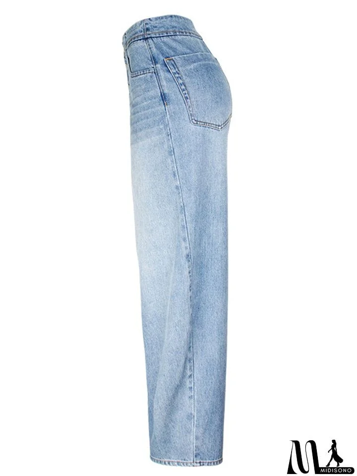 MidiSono - Youth Campus Style Extra Loose Straight-Leg Light Blue Denim Jeans for Women