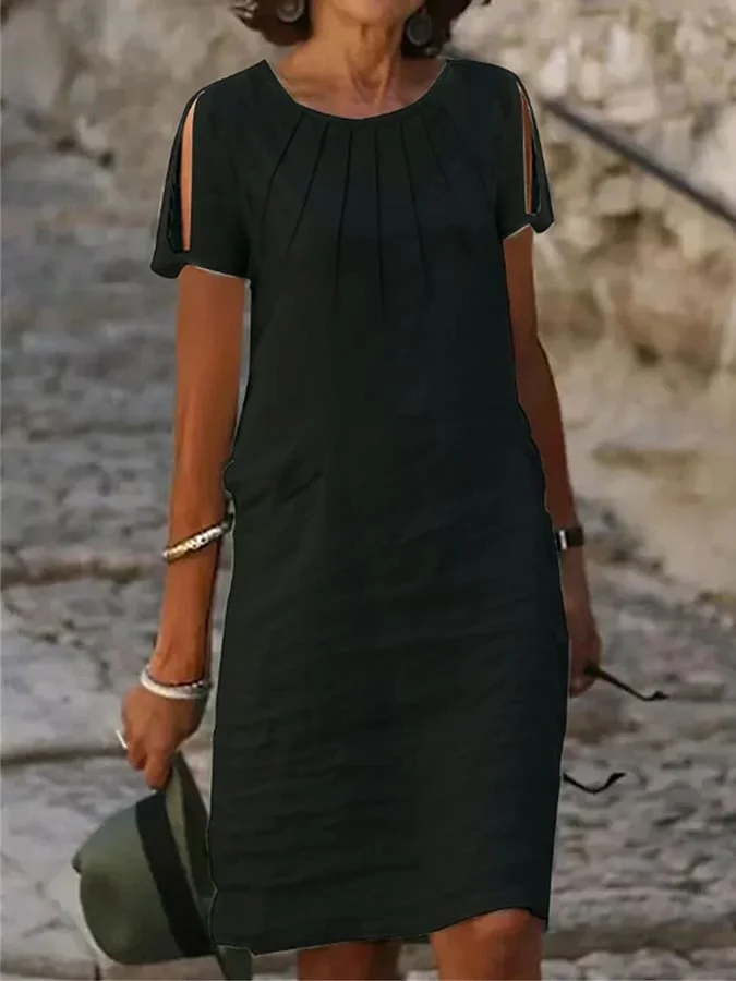 Women's Solid Color Cotton Round Neck Cold Shoulder Dresses