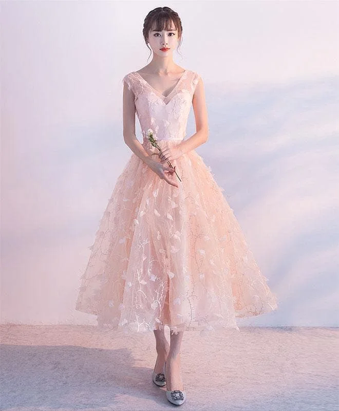 Pink A Line V Neck Tulle Tea Length Prom Dress, Cheap Evening Dress