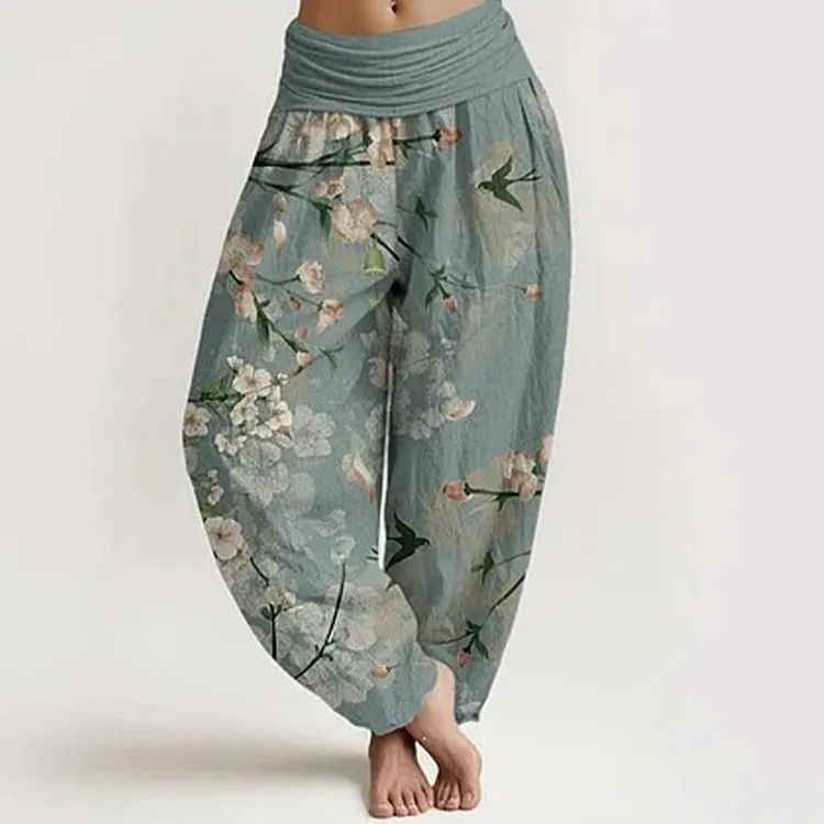 Peach Blossoms Flying Geese Pattern Women's Elastic Waist Harem Pants