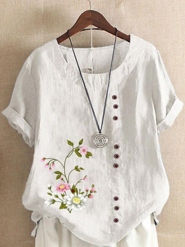 Round Neck Casual Loose Floral Print Short Sleeve Blouse
