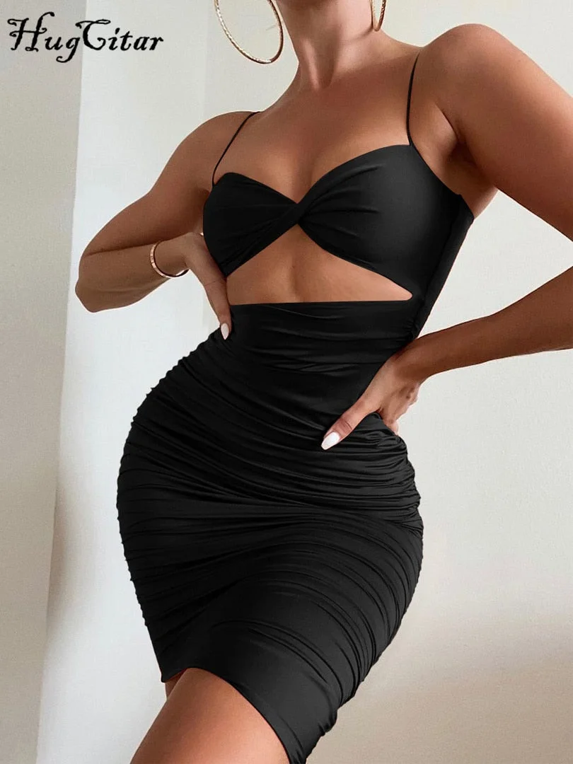 Hugcitar Pure Color Slip Sleeveless Hollow Out Pleated Mini Dress 2021 Summer Fall Bodycon Sexy Party Club Elegant Y2K