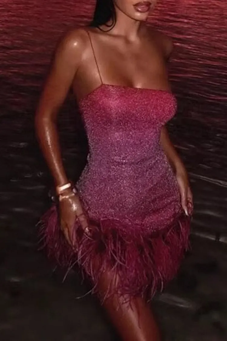 Feather Trimmed Slip Dress Ombre Gradient Maxi