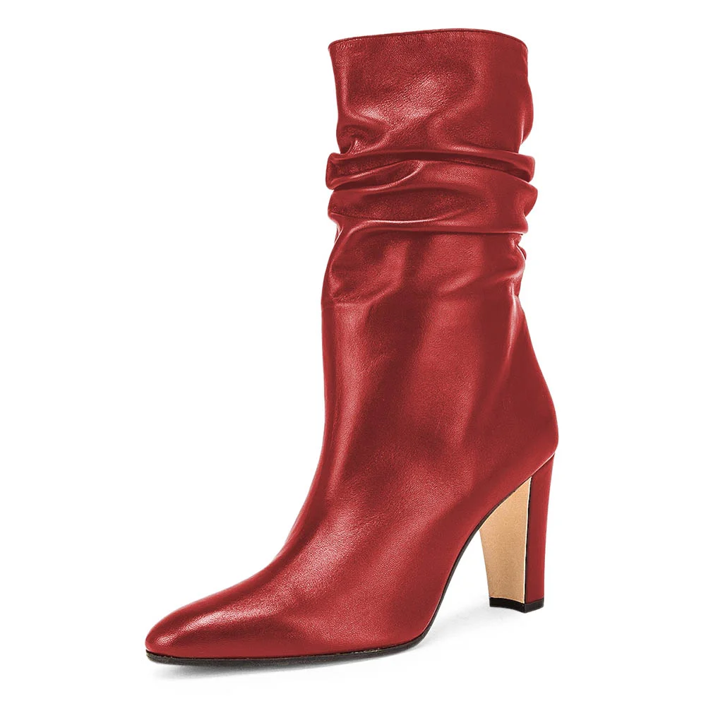 Red Vegan Leather Pointed Toe Chunky Heel Mid Calf Slouch Boots