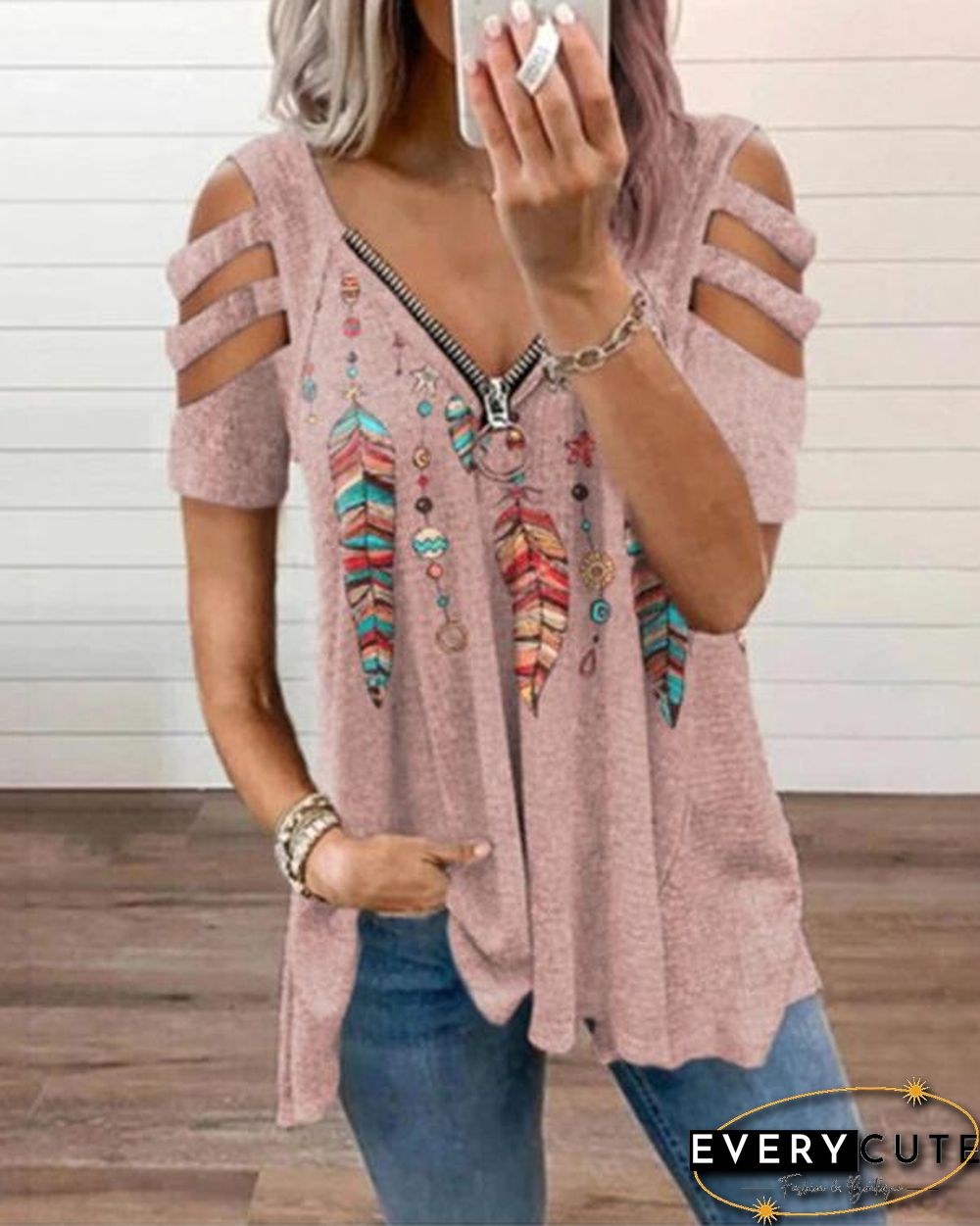 Ethnic Feather Zipper Graphic T-shirt