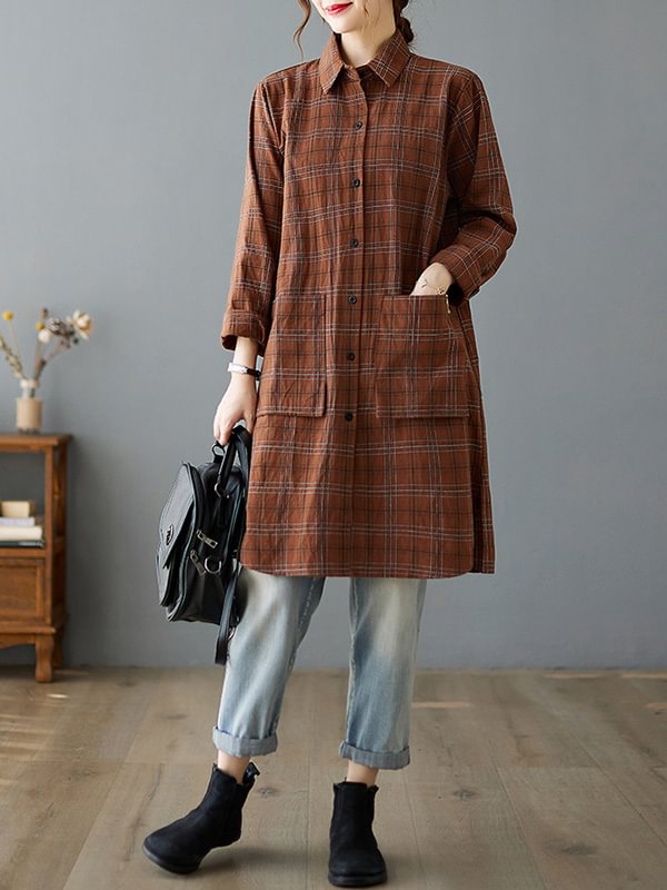 Artistic Retro Vintage Plaid Buttoned Lapel Collar Long Sleeves Blouse