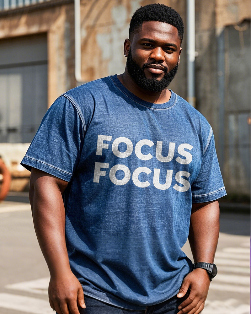 Men's Washed Denim Street Fashion FOCUS FOCUS Letter Printed Big & Tall Short Sleeve T-Shirt