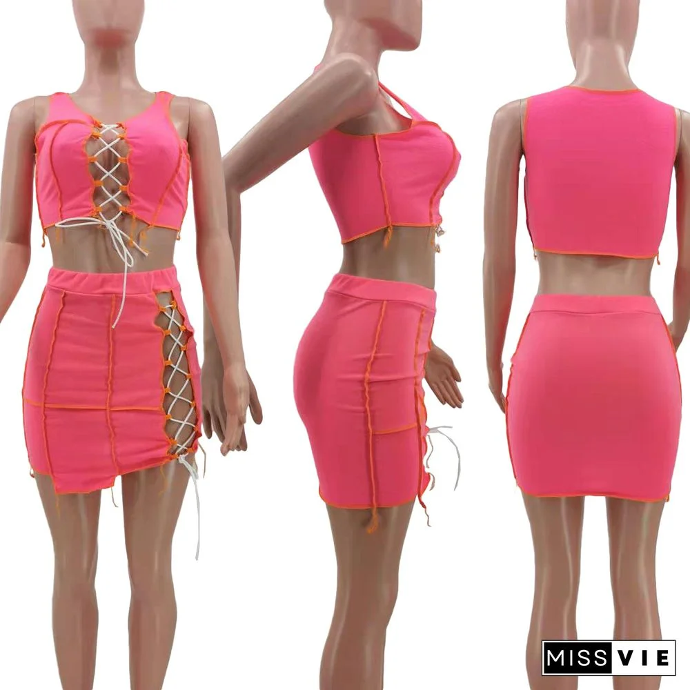 Women Lace Up Sexy Crop Tops Mini Skirts 2 Piece Matching Set