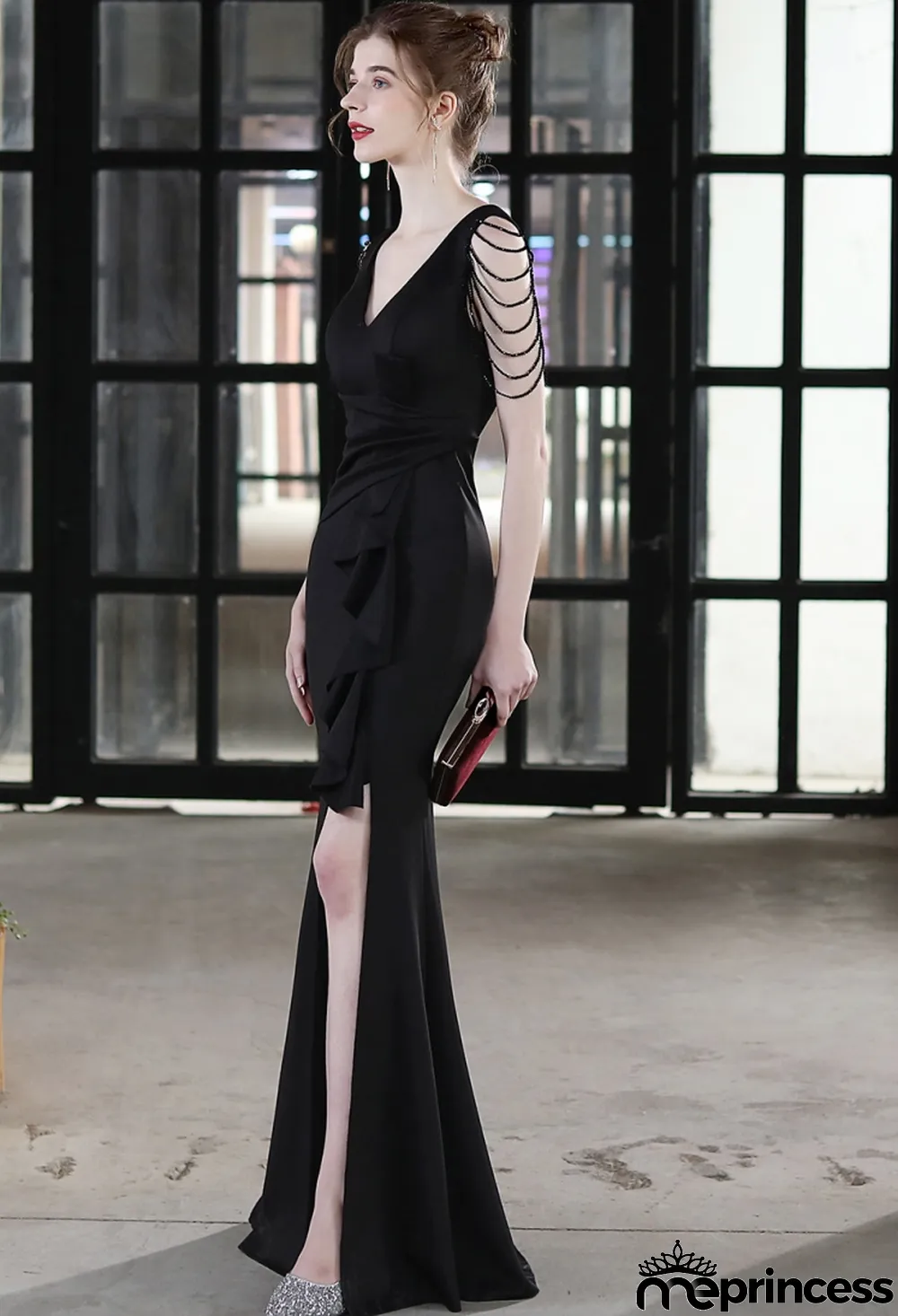 Summer Formal Black Chains Slit V-Neck Evening Dress