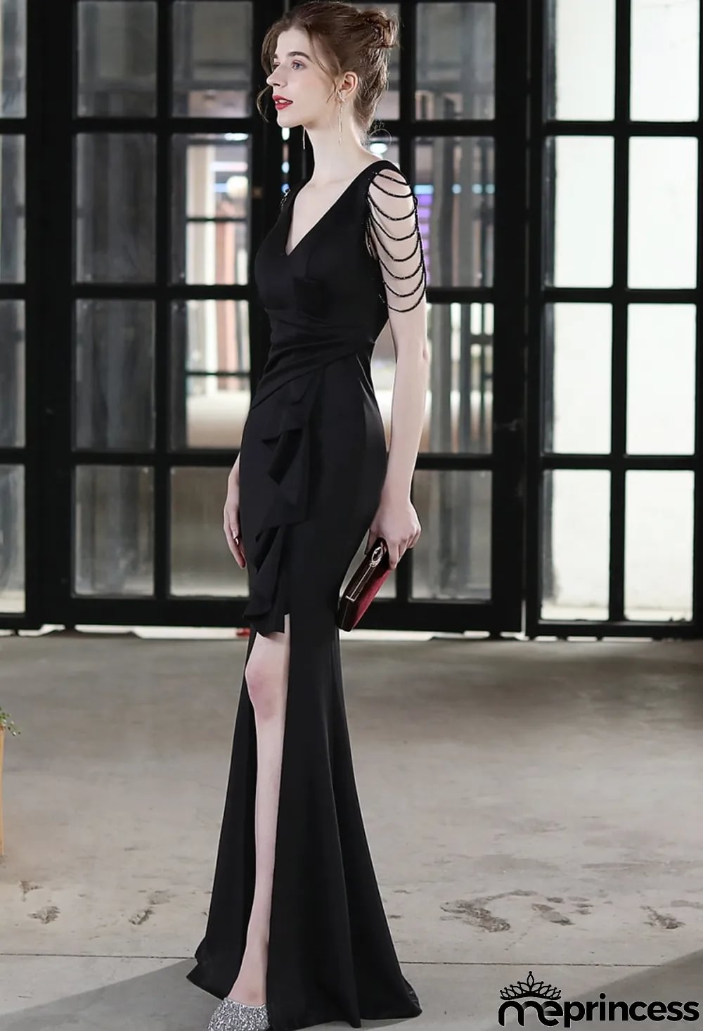 Summer Formal Black Chains Slit V-Neck Evening Dress