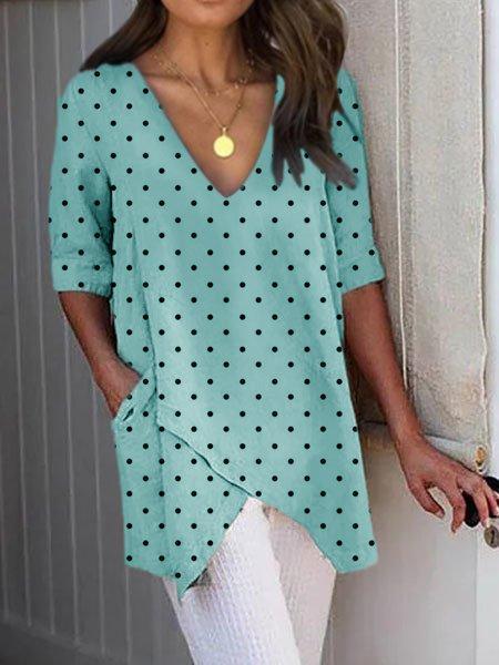 Polka Dots Casual Pockets Asymmetrical Shirts & Tops