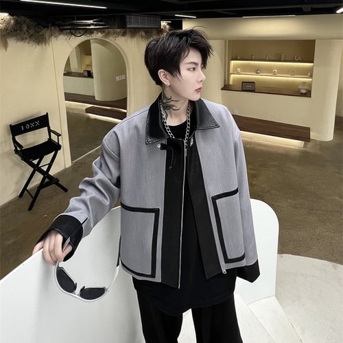 Dawfashion-Niche Personality PU Leather Stitching Design Jacket-Yamamoto Diablo Clothing