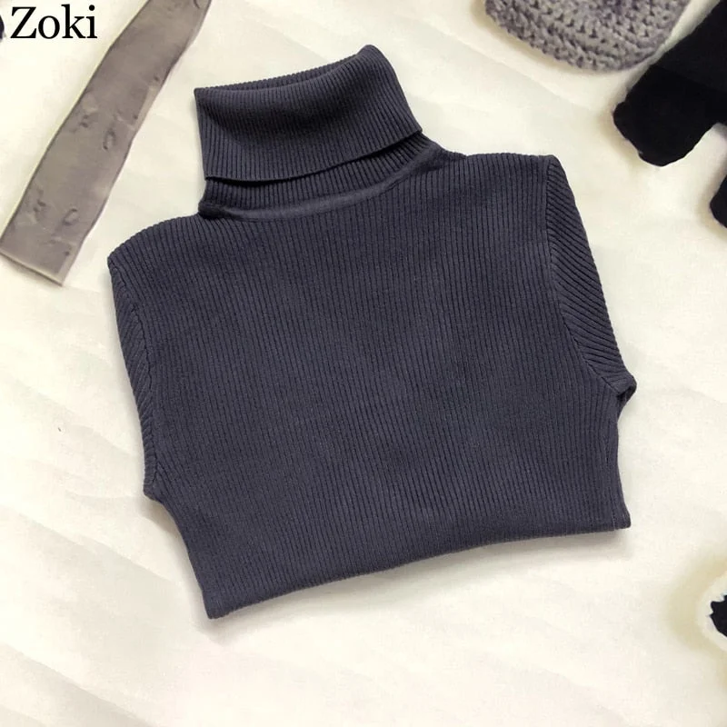 Zoki Soft Women Turtleneck Sweater Autumn Long Sleeve Elastic Female Knitted Jumper Casual Pullover Slim Winter Basic Tops 2021