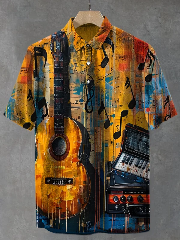 Men's Guitar And Musical Instruments Ink Graffiti Art Print Half Button Casual Shirt