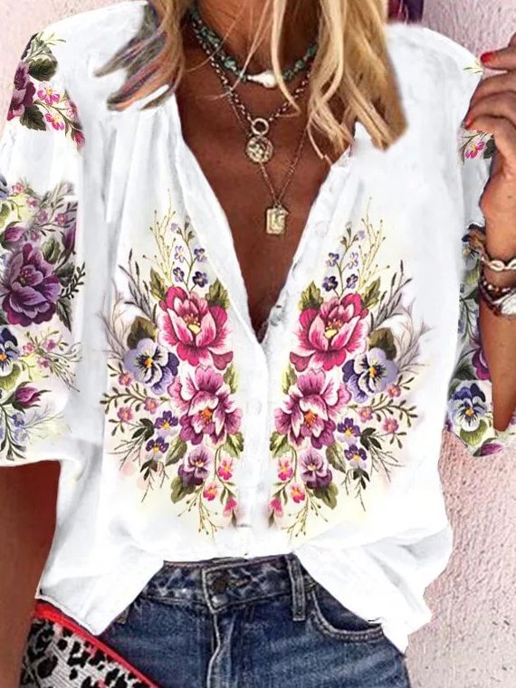 Cotton-Blend Printed Half Sleeve Shirts & Tops