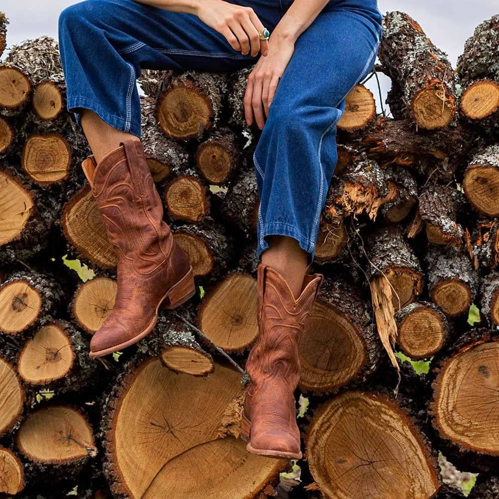 Woven Boots Mid Calf Color Blocking Design Cowgirl Boots