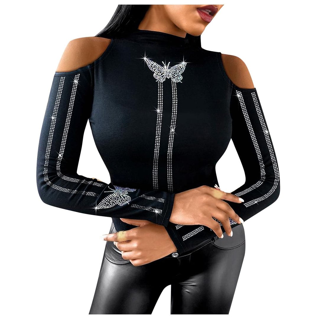 Fashion Butterfly Diamonds Blouse Shirt Sexy Cold Shoulder Tops Tee Casual Ladies Tops Female Women Long Sleeve Blusas Pullover