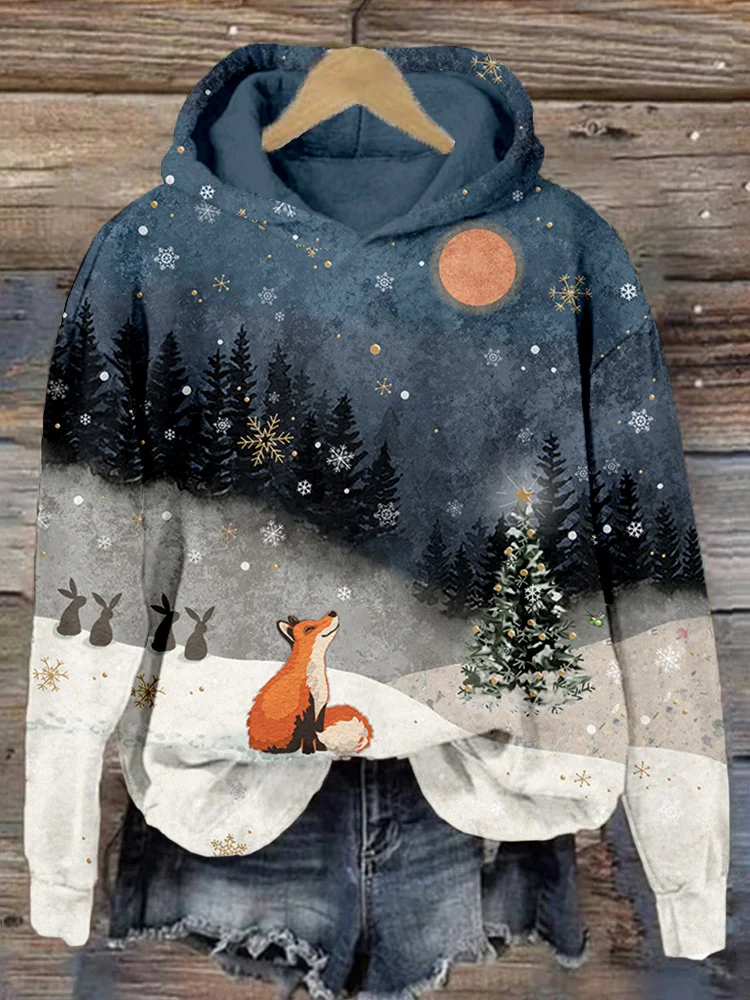 Bequemes Sweatshirt mit Wald-Schnee-Fuchs-Weihnachtsbaum-Grafik
