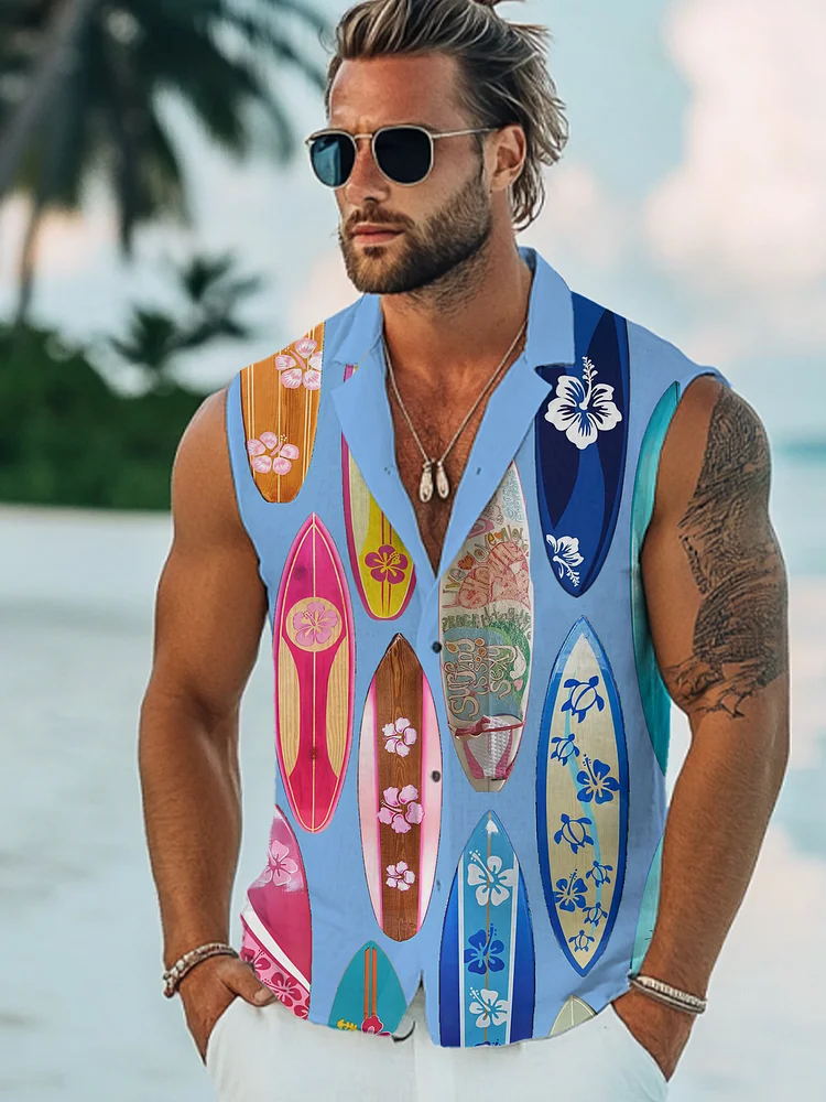 Men's Vacation Style Surfboard Printed Sleeveless Shirt