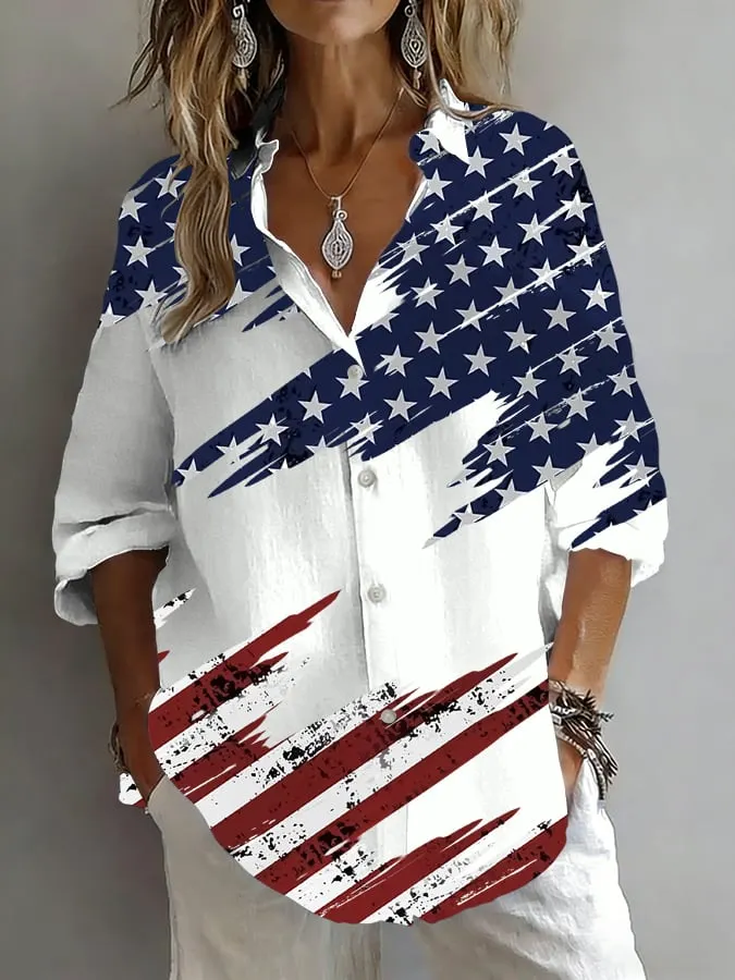 Women's Casual Retro National Flag Printed Long-Sleeved Shirt 