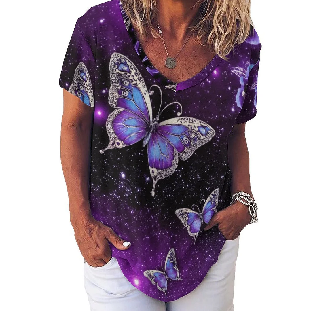V-neck Short Sleeve Casual T-shirt for  Women Printed with Pattern Butterfly, Purple