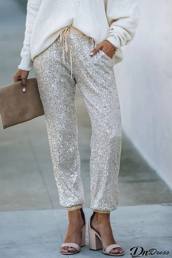 Huxley Elastic Waist Pocketed Sequin Jogger Pants