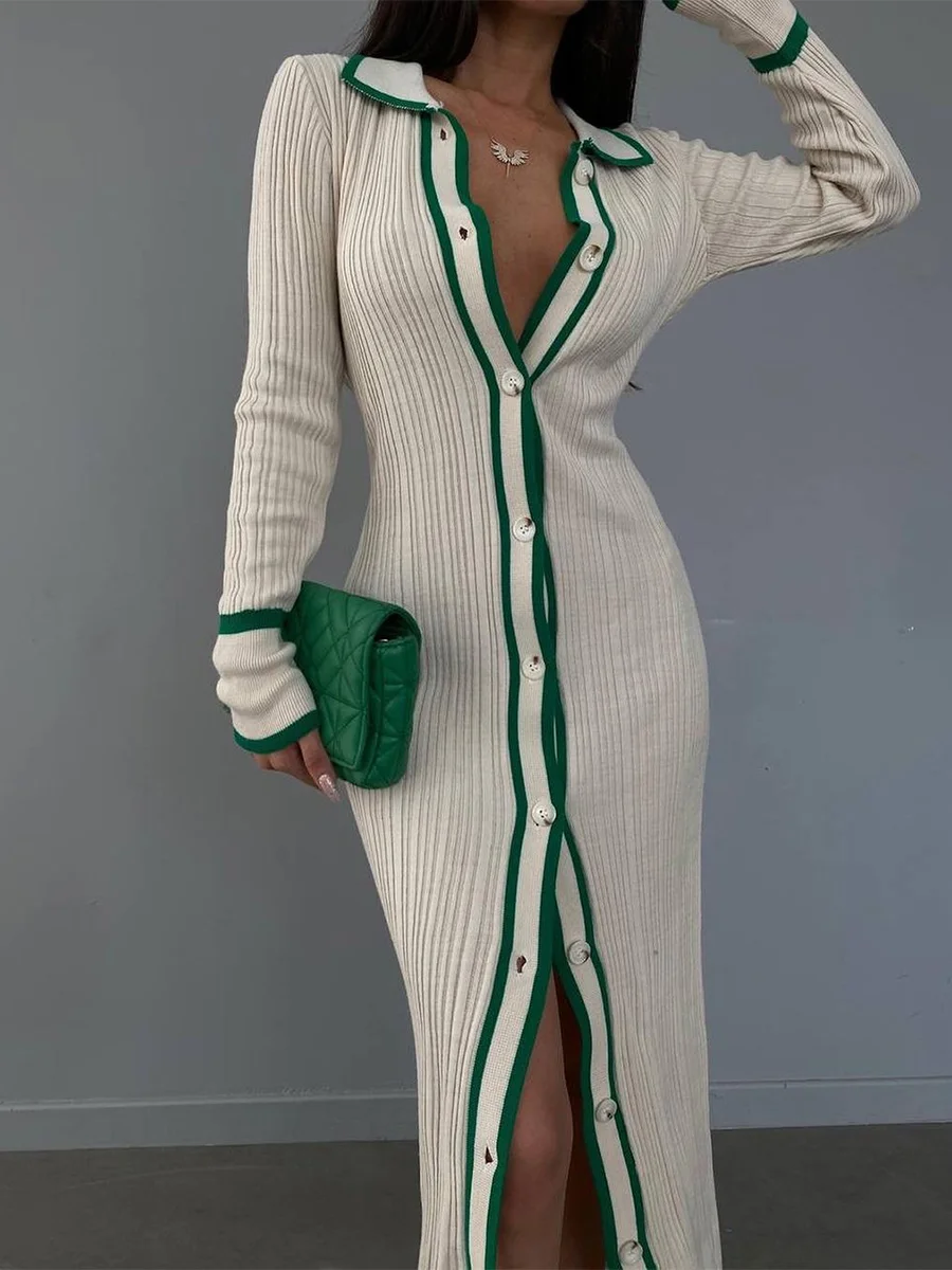 Huibahe Women Knit Bodycon Sweater Dress Button Down Long Sleeve Lapel Midi Dress Fall Cardigan Knit Dress