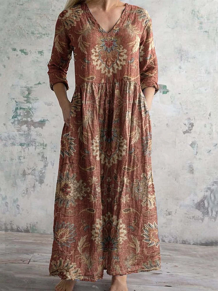 Women's V-neck Elegant Vintage Floral Pattern Cotton Shirt Dress
