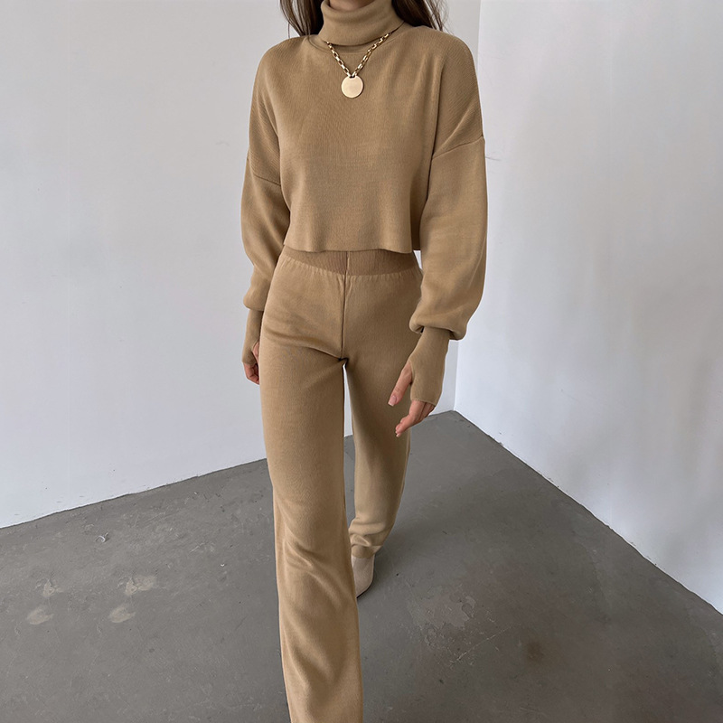 Ootddress Turtleneck Two Piece Outfits For Women Lantern Sleeve Cropped Top And Straight Leg Pants Sets Tracksuit Casual Outfits