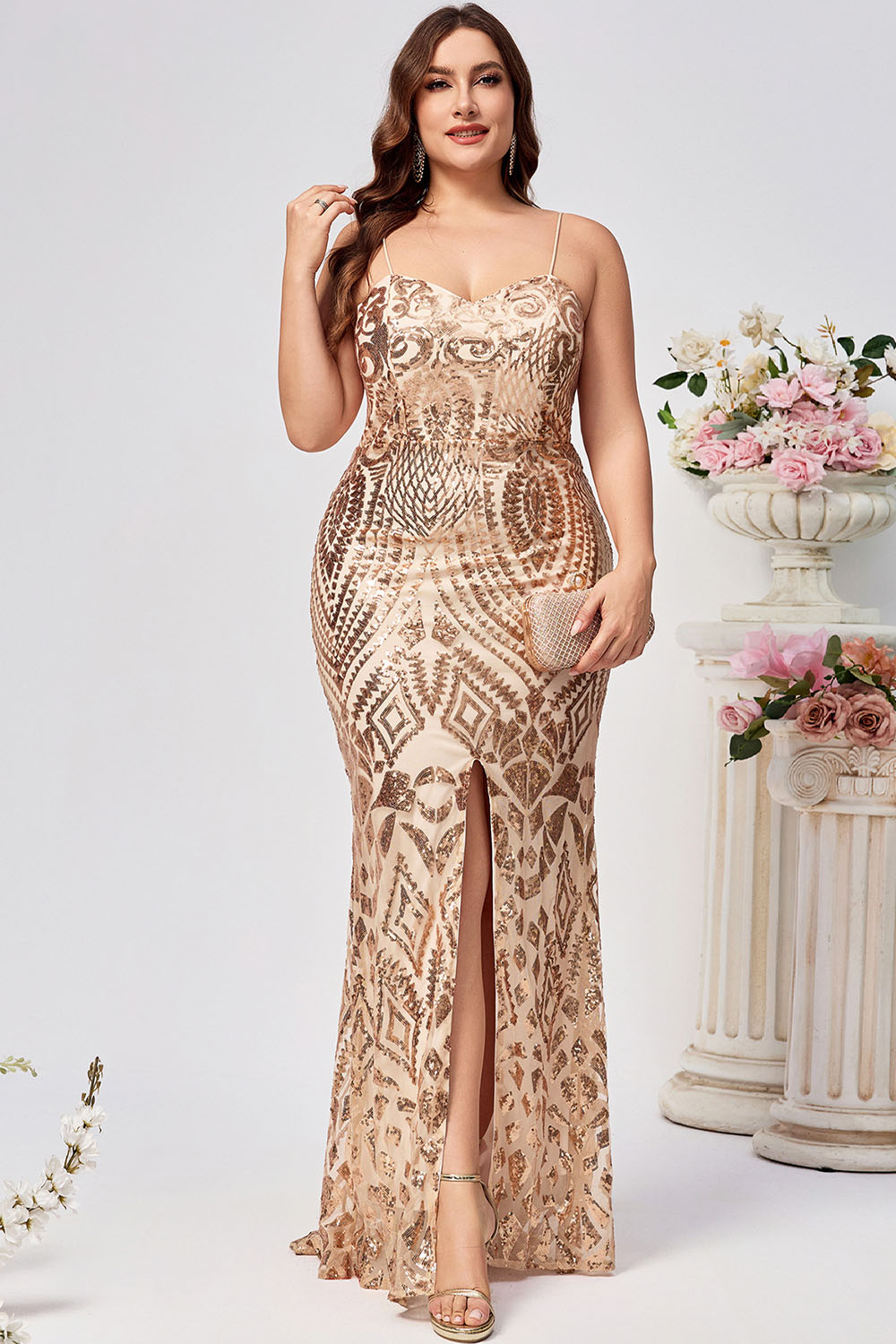 Plus Size Formal Gold Sequin Slit Mermaid Maxi Dress