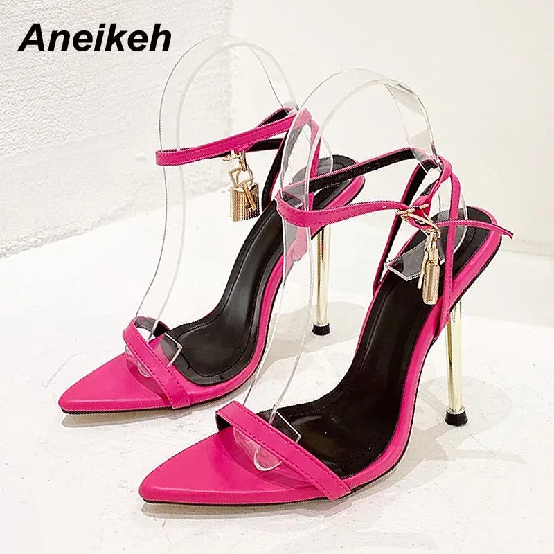 Aneikeh Concise 2022 Summer High Heels Women Shoes Pointed Toe Metal Decoratio Sandals Party Cross-Tied Gladiator Lace-Up 35-41