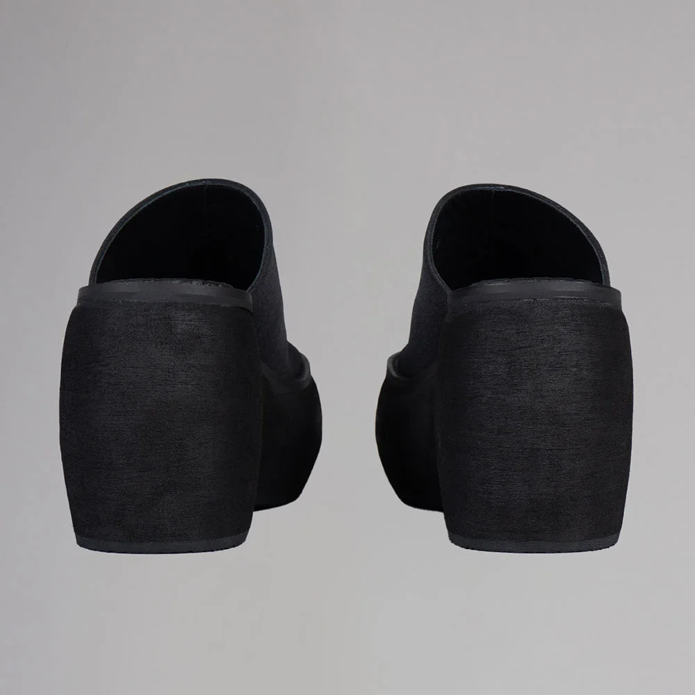 Fabric Peep Toe Wide Strap Wedge Heel Black Platform Mules Sandals