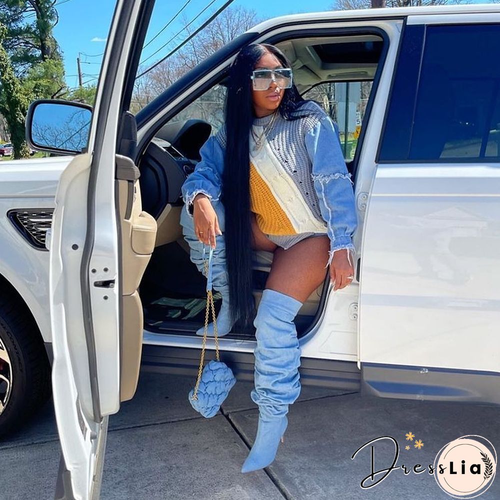 Contrast Color Denim Patchwork Long Sleeve Sweaters